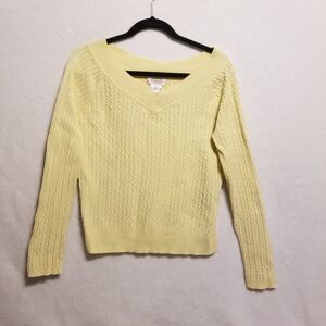 Talbots Small Sweater Cable Knit Butter Yellow V-Neck Cotton Preppy Classic Vtg